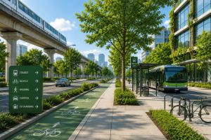 Green urban transportation corridor featuring public transit, a bicycle lane, pedestrian walkway, EV access and sustainable buildings, representing LEED Location and Transportation concepts.