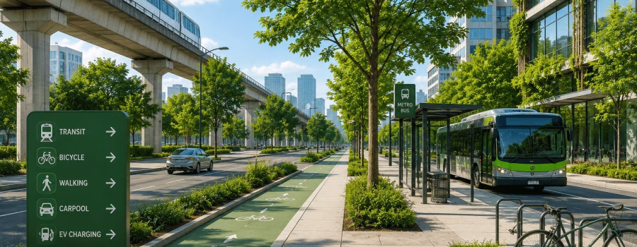 Green urban transportation corridor featuring public transit, a bicycle lane, pedestrian walkway, EV access and sustainable buildings, representing LEED Location and Transportation concepts.