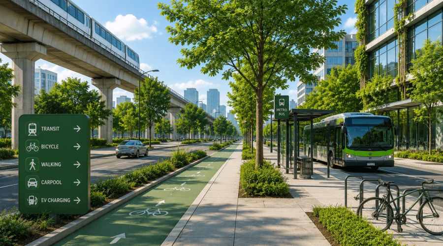 Green urban transportation corridor featuring public transit, a bicycle lane, pedestrian walkway, EV access and sustainable buildings, representing LEED Location and Transportation concepts.