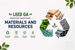 LEED GA Materials and Resources practice questions graphic featuring recycled wood, glass, metal, stone and greenery arranged in a circular recycling symbol.