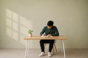 Professional studying for the LEED Green Associate exam at a simple desk, representing exam preparation while working full time.