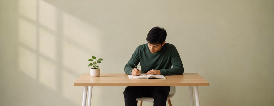 Professional studying for the LEED Green Associate exam at a simple desk, representing exam preparation while working full time.