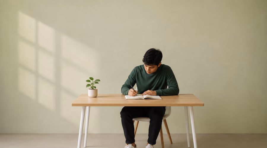 Professional studying for the LEED Green Associate exam at a simple desk, representing exam preparation while working full time.