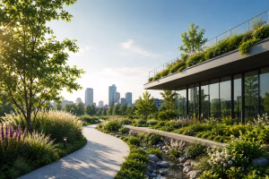 Sustainable site with green roof, native landscaping, trees and rainwater management