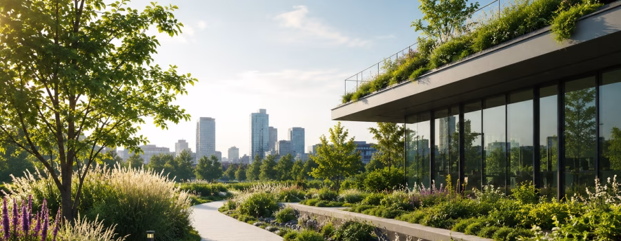 Sustainable site with green roof, native landscaping, trees and rainwater management