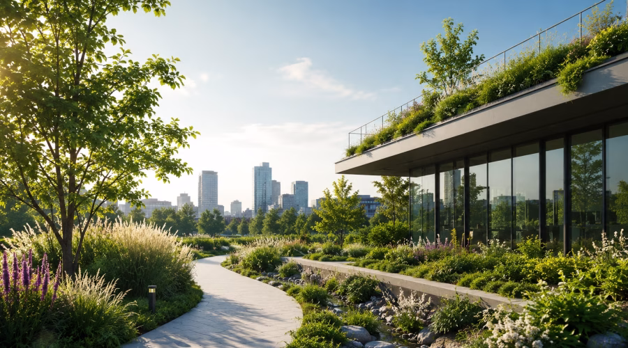Sustainable site with green roof, native landscaping, trees and rainwater management