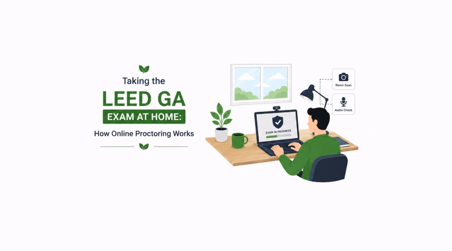 Remote proctoring lets you sit the LEED GA exam at your desk. The equipment rules, the room scan, what you cannot do, and whether it suits you.