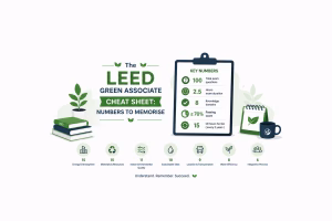 LEED Green Associate cheat sheet highlighting key numbers to memorise for exam preparation, including exam questions, duration, knowledge domains and continuing education requirements.