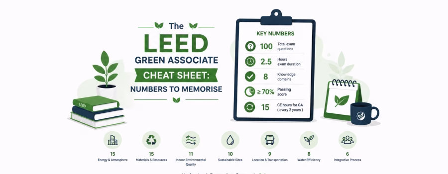 LEED Green Associate cheat sheet highlighting key numbers to memorise for exam preparation, including exam questions, duration, knowledge domains and continuing education requirements.