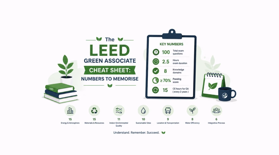 LEED Green Associate cheat sheet highlighting key numbers to memorise for exam preparation, including exam questions, duration, knowledge domains and continuing education requirements.