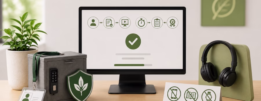 Check-in, ID rules, security, the tutorial, two hours of questions and your result on screen. Exactly what happens, at a test centre and at home.