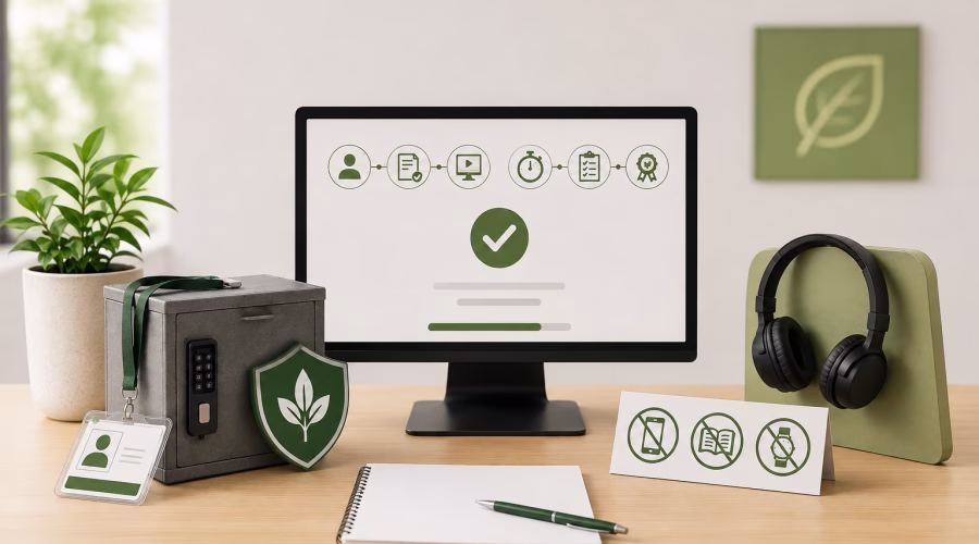 Check-in, ID rules, security, the tutorial, two hours of questions and your result on screen. Exactly what happens, at a test centre and at home.