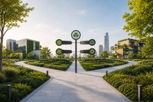 Sustainable urban campus with branching pathways and directional signs representing different LEED AP specialty choices.