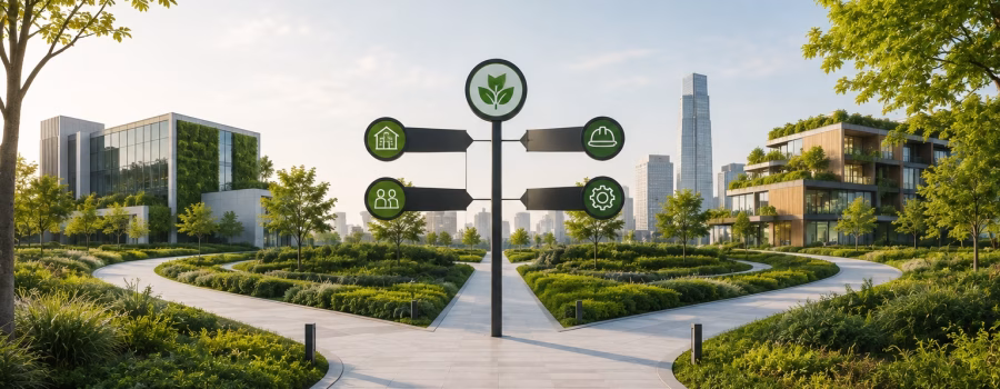 Sustainable urban campus with branching pathways and directional signs representing different LEED AP specialty choices.