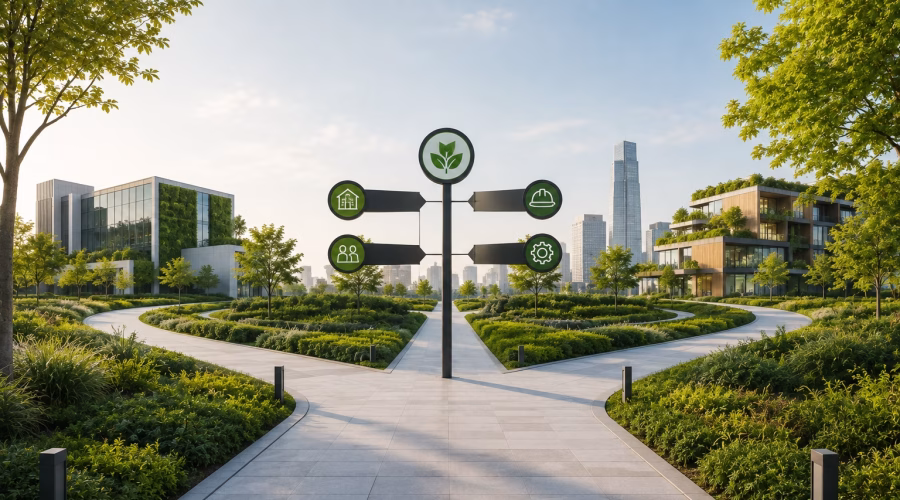 Sustainable urban campus with branching pathways and directional signs representing different LEED AP specialty choices.