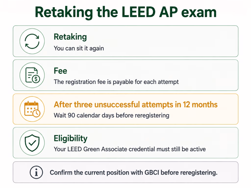 Four cards summarising the LEED AP retake rules including the ninety-day wait after three unsuccessful attempts