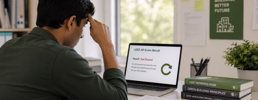 LEED AP exam retake planning guide with study steps in a clean professional workspace.