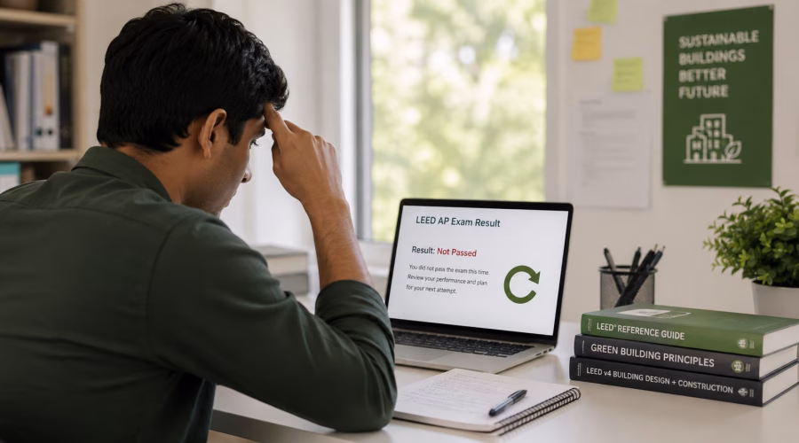 LEED AP exam retake planning guide with study steps in a clean professional workspace.
