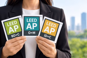 Professional holding multiple LEED AP specialty credentials for BD+C, O+M and ID+C, representing multiple LEED specializations and credential renewal.