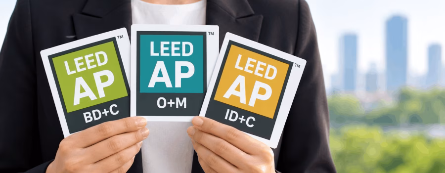 Professional holding multiple LEED AP specialty credentials for BD+C, O+M and ID+C, representing multiple LEED specializations and credential renewal.