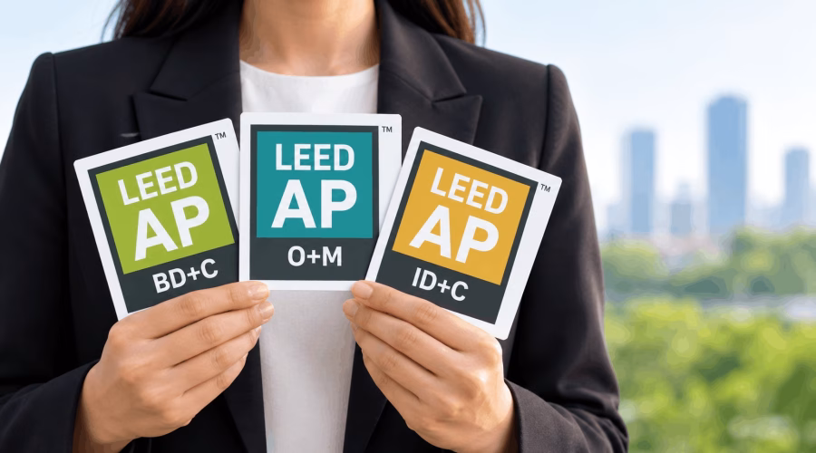 Professional holding multiple LEED AP specialty credentials for BD+C, O+M and ID+C, representing multiple LEED specializations and credential renewal.