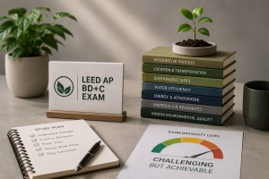 : LEED AP BD+C exam preparation setup with study materials and a difficulty gauge showing the exam as challenging but achievable.