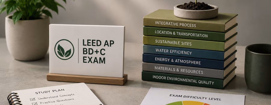 : LEED AP BD+C exam preparation setup with study materials and a difficulty gauge showing the exam as challenging but achievable.
