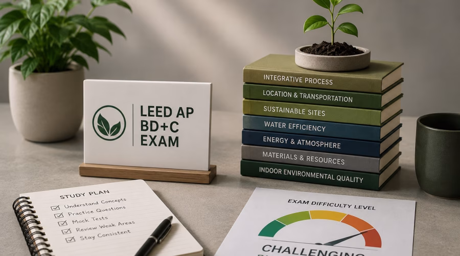 : LEED AP BD+C exam preparation setup with study materials and a difficulty gauge showing the exam as challenging but achievable.