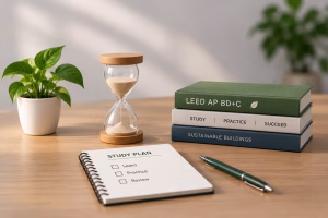 Hourglass beside LEED AP BD+C study books and a study plan, representing preparation time for the LEED AP BD+C exam.