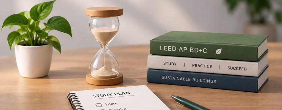 Hourglass beside LEED AP BD+C study books and a study plan, representing preparation time for the LEED AP BD+C exam.