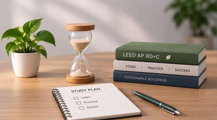 Hourglass beside LEED AP BD+C study books and a study plan, representing preparation time for the LEED AP BD+C exam.