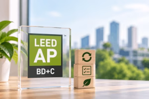 LEED AP BD+C credential with renewal and checklist symbols representing ongoing credential maintenance and continuing education.