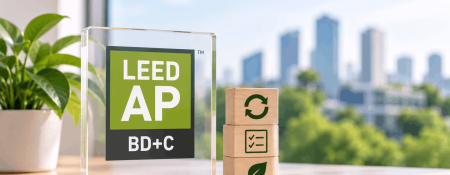 LEED AP BD+C credential with renewal and checklist symbols representing ongoing credential maintenance and continuing education.