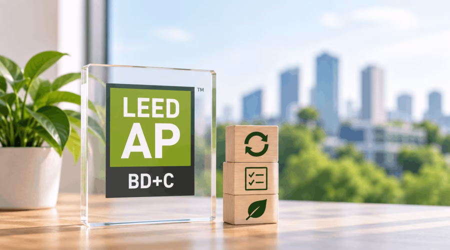 LEED AP BD+C credential with renewal and checklist symbols representing ongoing credential maintenance and continuing education.