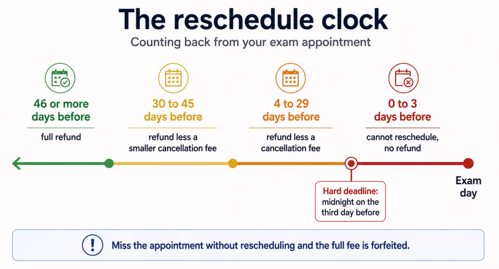 Timeline counting back from exam day showing the four rescheduling and refund windows and the hard deadline three days before
