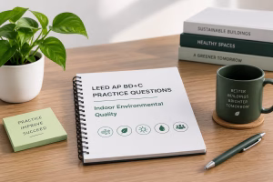 LEED AP BD+C Indoor Environmental Quality practice questions study setup with air quality, daylight, comfort and healthy building concepts.