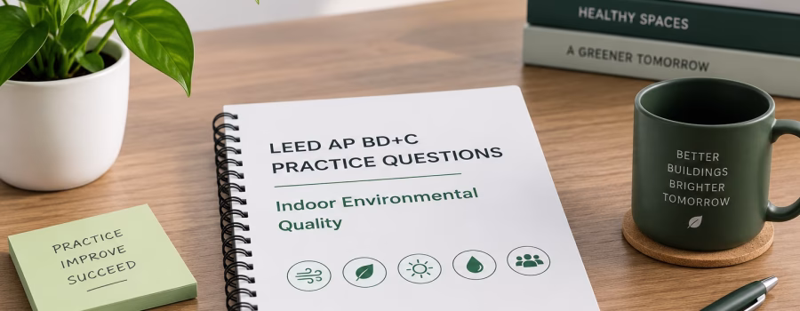 LEED AP BD+C Indoor Environmental Quality practice questions study setup with air quality, daylight, comfort and healthy building concepts.