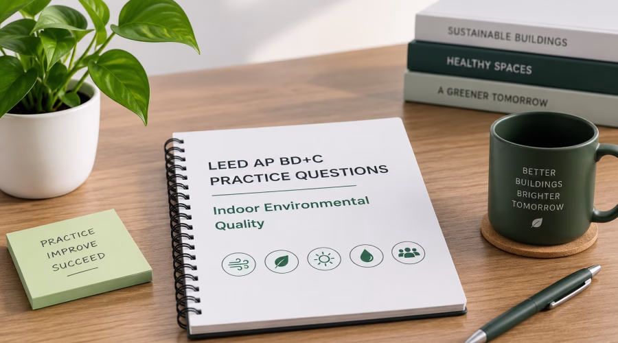 LEED AP BD+C Indoor Environmental Quality practice questions study setup with air quality, daylight, comfort and healthy building concepts.