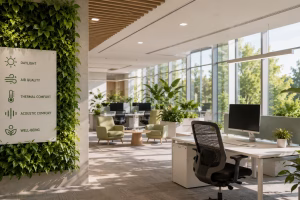 Bright sustainable office with natural daylight, indoor plants, ergonomic workspace and features supporting indoor environmental quality for LEED AP BD+C.