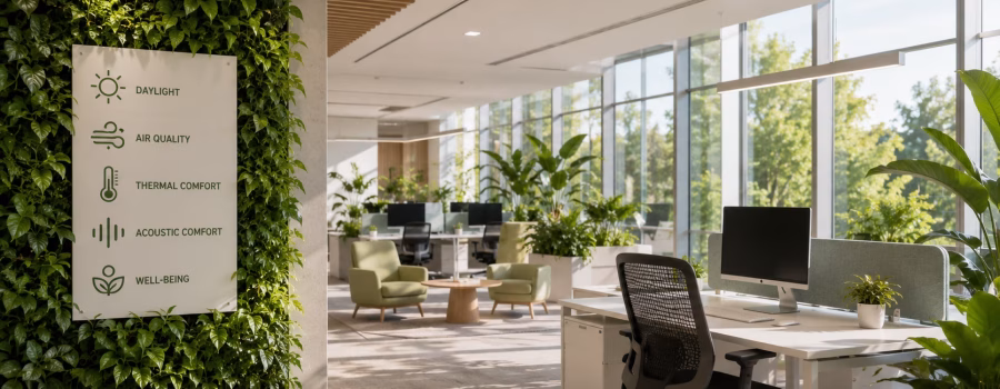 Bright sustainable office with natural daylight, indoor plants, ergonomic workspace and features supporting indoor environmental quality for LEED AP BD+C.