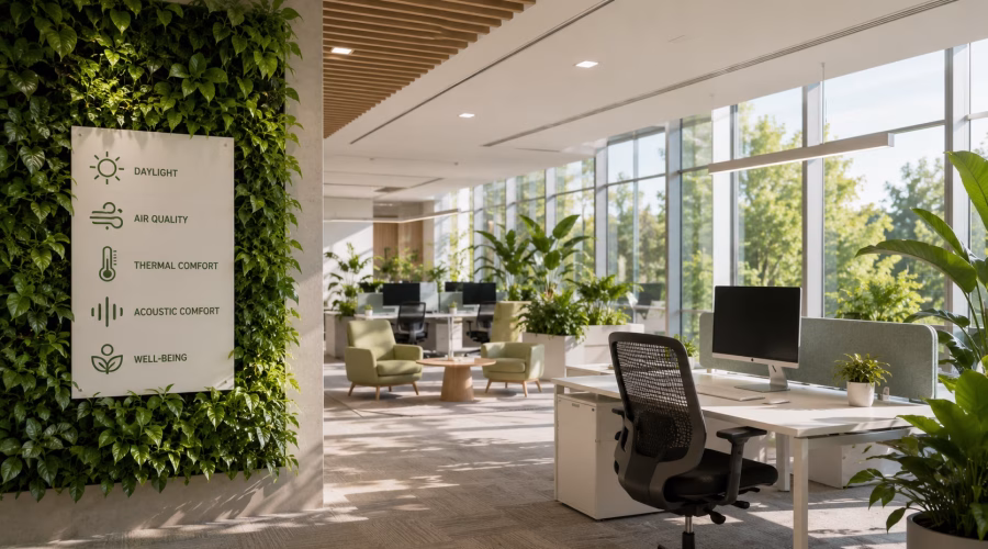 Bright sustainable office with natural daylight, indoor plants, ergonomic workspace and features supporting indoor environmental quality for LEED AP BD+C.