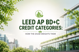 LEED AP BD+C Credit Categories featured image with a modern sustainable building and the topic “How the Exam Weights Them” centered.