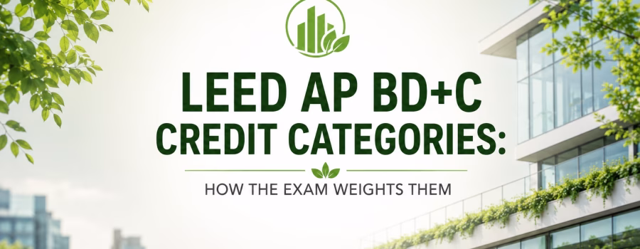 LEED AP BD+C Credit Categories featured image with a modern sustainable building and the topic “How the Exam Weights Them” centered.