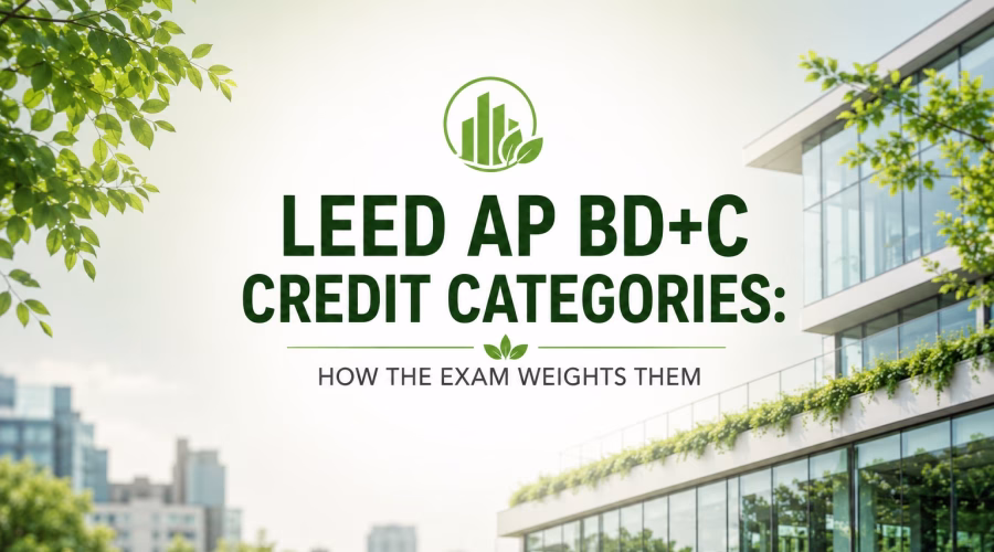 LEED AP BD+C Credit Categories featured image with a modern sustainable building and the topic “How the Exam Weights Them” centered.