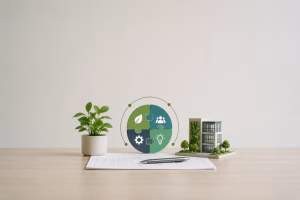 Integrative Process concept with interconnected sustainability, collaboration, engineering and design elements beside a green building model.