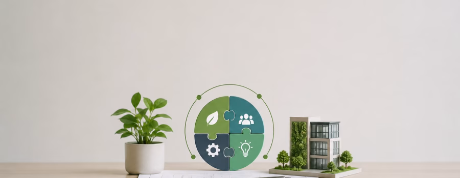 Integrative Process concept with interconnected sustainability, collaboration, engineering and design elements beside a green building model.