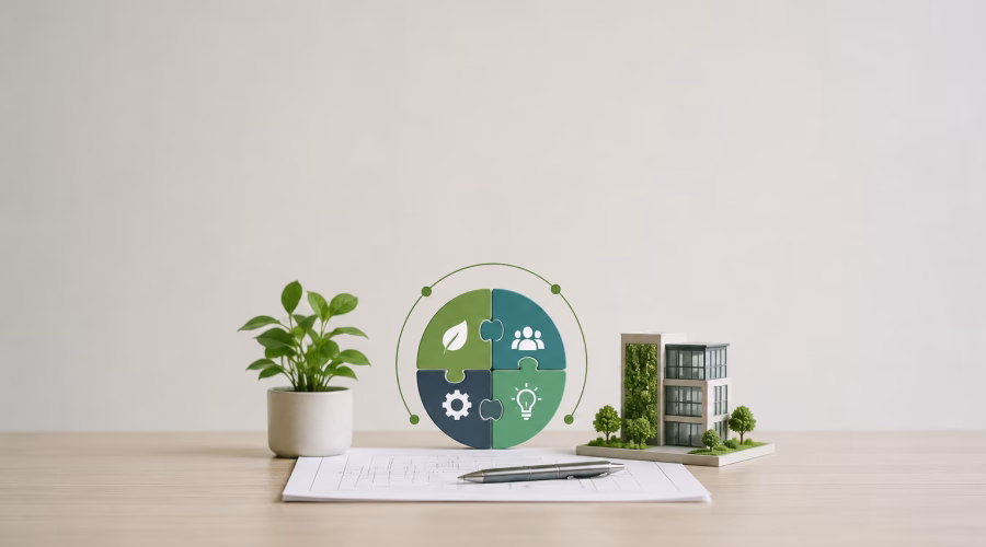 Integrative Process concept with interconnected sustainability, collaboration, engineering and design elements beside a green building model.