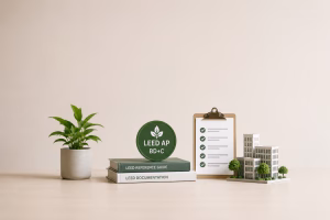 Alt text: LEED AP BD+C study materials, project checklist and sustainable building model representing LEED Process exam preparation.