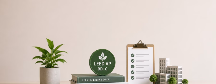 Alt text: LEED AP BD+C study materials, project checklist and sustainable building model representing LEED Process exam preparation.