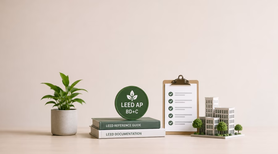 Alt text: LEED AP BD+C study materials, project checklist and sustainable building model representing LEED Process exam preparation.